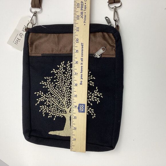 Yak & Yeti Crossbody Purse Black & Brown Tree Of Life Adjustable Strap Zippers - Picture 5 of 6